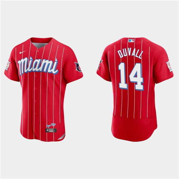 Men's Miami Marlins #14 Adam Duvall 2021 Red City Connect Flex Base Stitched Jersey